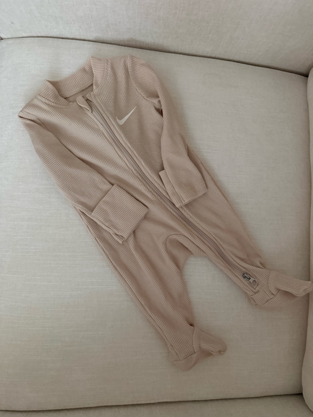 Nike Beige Ribbed Baby Zip Footed Onesie with White Swoosh